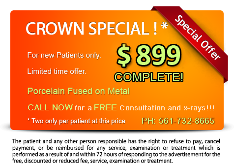 The image shows a promotional advertisement for a special offer on dental crowns at a discounted price, with an expiration date and a call-to-action button.