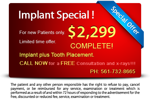 The image displays a screenshot of an advertisement with text overlaying a photograph of a dental implant.