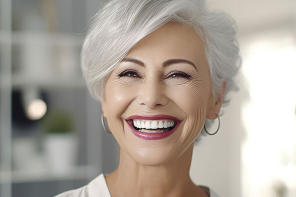 The image shows a smiling older woman with short hair, wearing a white top, against a blurred background that suggests an indoor setting.